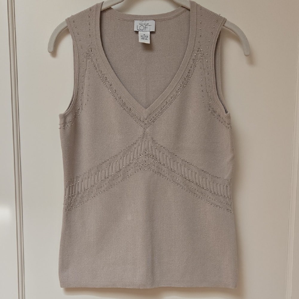 LOFT Light Gray Beaded Sleeveless Top